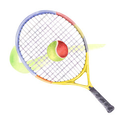 Racket hitting tennis ball watercolor illustration