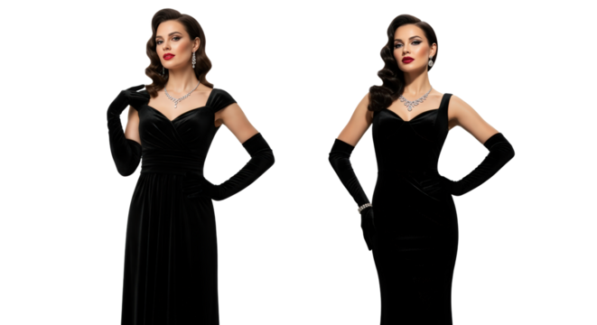 Elegant Woman In Black Velvet Gown Posed With Matching Gloves And Jewelry isolated on Transparent Background
