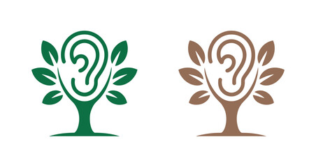 A stylized tree with an ear shape integrated into its trunk and leaves, symbolizing natural hearing or listening.