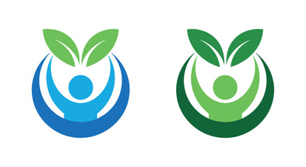 Two circular logos depicting a stylized person reaching upwards with leaves, symbolizing growth and well-being.