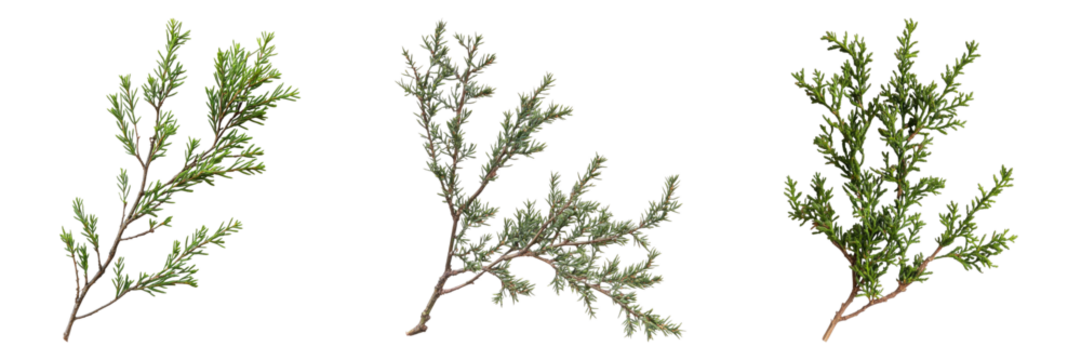 Three sprigs of green plants, each uniquely shaped, present on a clean backdrop, showcasing botanical details