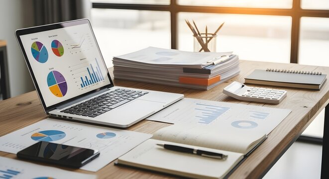 Financial analyst's wooden desk with a laptop displaying data visualization charts, alongside paperwork, a calculator, and a notebook for reviewing reports