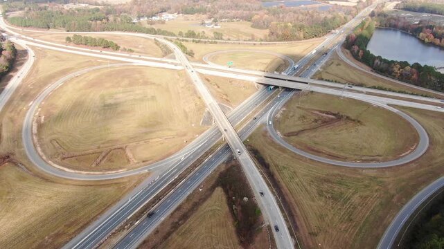 Aerial Drone View of Interstate 40 Highway and Interchange in North Carolina during Autumn