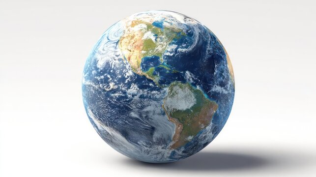 Realistic 3d render of planet earth floating in space with visible continents and oceans on white background