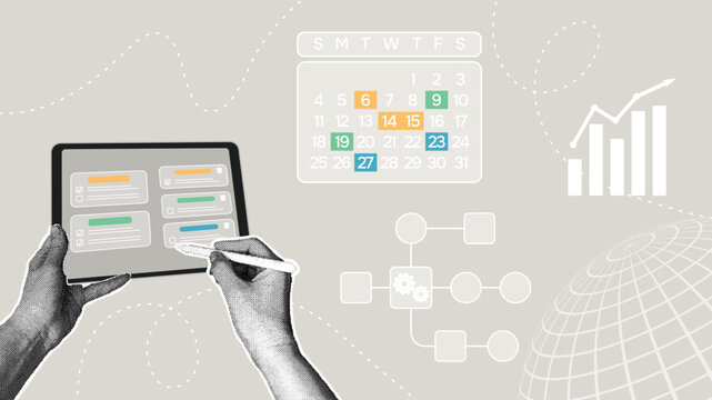 Digital calendar and checklist. Trendy halftone collage. Digital project management tools. Concept for time management, daily planning and productivity tracking, and goal tracking.