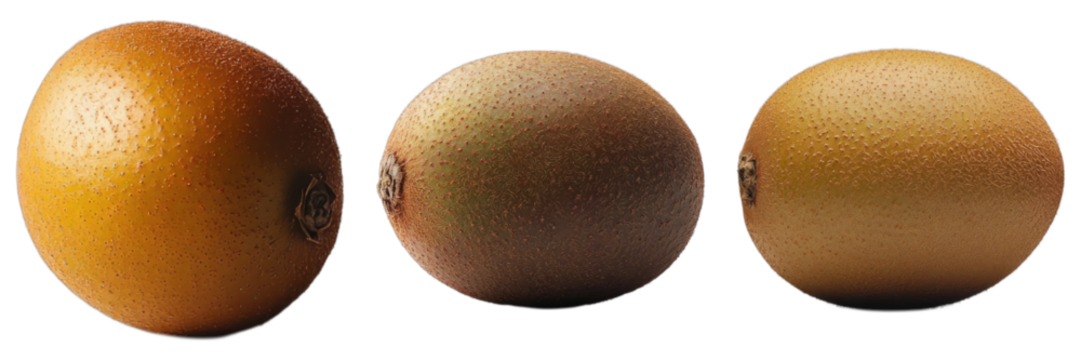 Three fresh golden kiwis set in a row, isolated, a perfect example of natural beauty and healthy eating. These fruits have a unique appearance with their fuzzy brown skin.