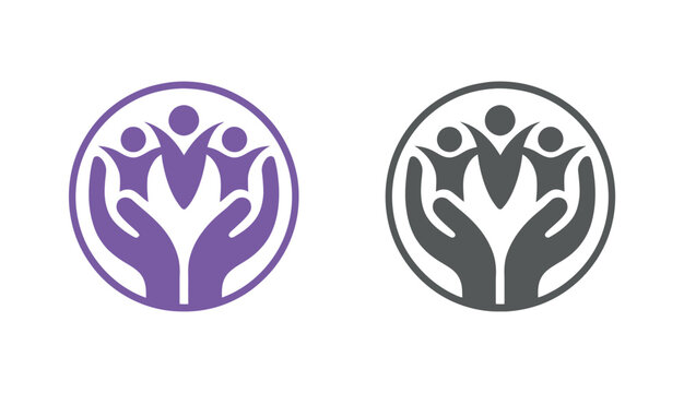 Two circular logos depicting hands holding stylized figures, symbolizing care and community support.