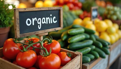Wooden crates display fresh organic produce at market stall. Tomatoes, cucumbers, lemons are piled high with chalkboard sign stating organic. Local agriculture, healthy food choices are visible.