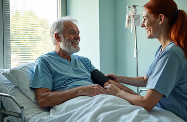 Female doctor or nurse taking blood pressure of senior man lying in bed in hospital room. Nurse in uniform checking health of elderly patient. Doctor talking to patient in clinic.