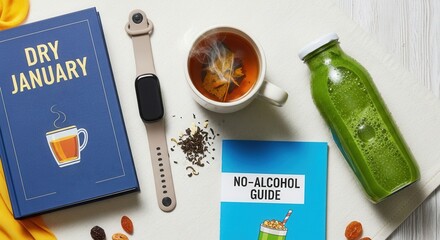 Flat lay of a no-alcohol guide, tea, and fitness tracker promoting a healthy lifestyle. Ideal for wellness and lifestyle themes.