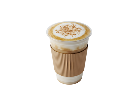 A plastic cup of coffee with milk or a cappuccino sprinkled with cinnamon, ready to go, set against a white background.

