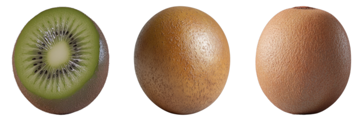 Fresh kiwi fruit with skin and kiwi cross section shows its texture along with the appearance of the fresh egg