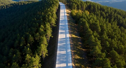 Aerial view of a straight road cutting through a dense forest on a sunny day in a rural environment