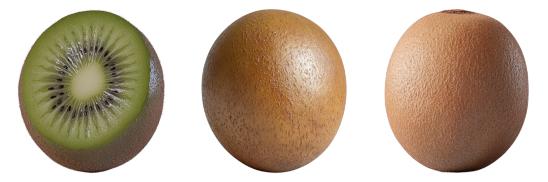 Fresh kiwi fruit with skin and kiwi cross section shows its texture along with the appearance of the fresh egg