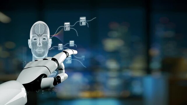 This image features a sleek robot hand interacting with a digital display, showcasing artificial intelligence, data flow, and futuristic technology in a modern setting. Synapse