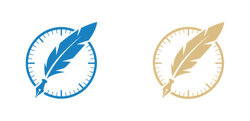 A quill pen logo with a clock face symbolizes the concept of time for writing or intellectual pursuits.