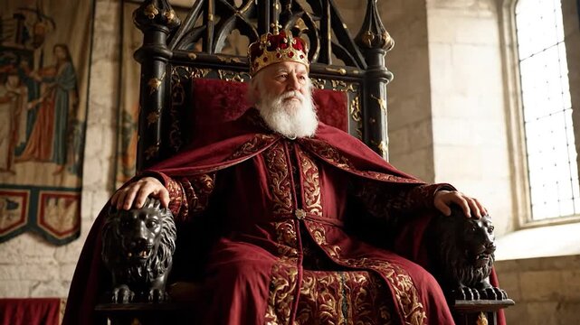 Elderly crowned king with white beard in regal red robe sits on an ornate lion throne