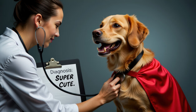- Veterinarian and dog listening with stethoscope on a grey background
