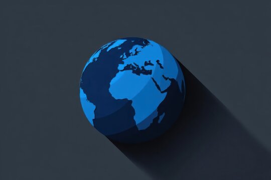 Stylized blue earth globe with long shadow on dark background representing global connections and technology