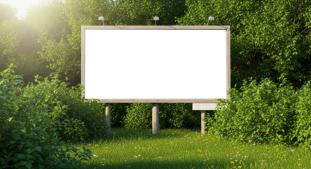 Empty Billboard In A Lush Green Forest With Bright Sunlight Filtering Through The Trees