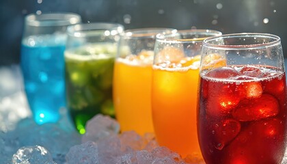 Five colorful cold drinks with ice sit in glasses on a bed of crushed ice. Refreshing beverages include blue, green, orange and red liquids for thirst quenching on a hot day or after exercise.