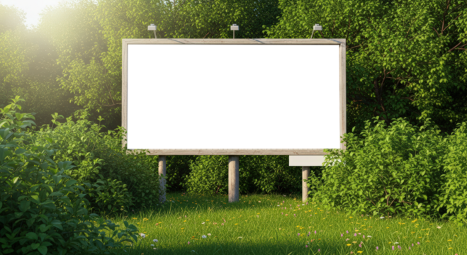 Empty Billboard In A Lush Green Forest With Bright Sunlight Filtering Through The Trees - Powered by Adobe
