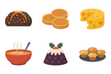 Flat vector icons for holiday feast, showing Christmas pudding, cheese, warm soup, bread, and sweet dessert treats,