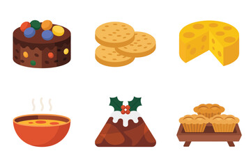 Outline color icons for festive holiday cooking, illustrating cakes, cheese, fruit, soup, and traditional seasonal food items,