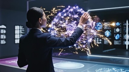 Female scientist interacting with a futuristic holographic AI network. Professional woman analyzing a 3D global data visualization on a virtual screen. Artificial intelligence and big data technology - Powered by Adobe