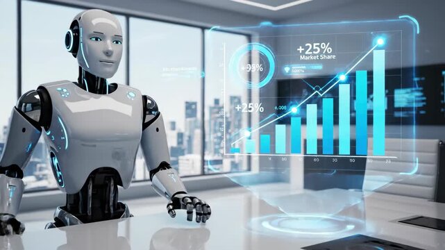 AI robot analyzing business data on a holographic interface. Futuristic android interacting with a virtual chart showing market growth in a modern office. Artificial intelligence concept