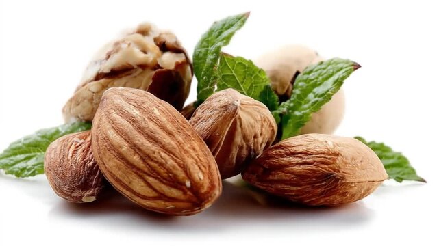 Whole almonds and broken nuts with mint leaves on a white background