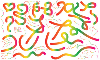 Vector Wave 3D Graphic Shapes with Gradient, Organic Rainbow Wavy Ribbons, abstract Color Gradient Lines Pattern. Set of Fun Kid Doodle Color Gradation Lines. 