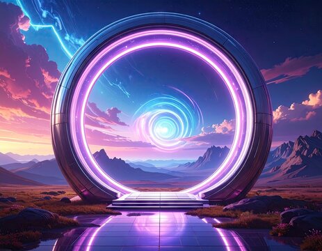 Futuristic portal design showing a glowing neon ring opening to a cosmic spiral against a vivid, colorful sunset sky, reflecting on a purple reflective surface, offering an ethereal and mesmerizing...