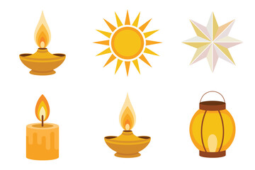 Outline color icons for spiritual light, illustrating sun, oil lamp, candle, star, and traditional decorative paper lantern element,