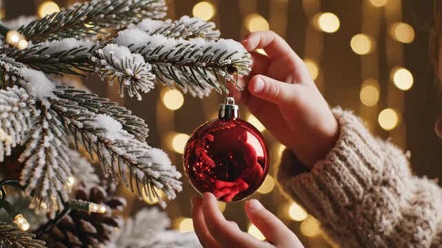 Child's hands hanging a red ornament on a Christmas tree. Vertical video of decorating a snow-flocked fir branch. Festive holiday tradition