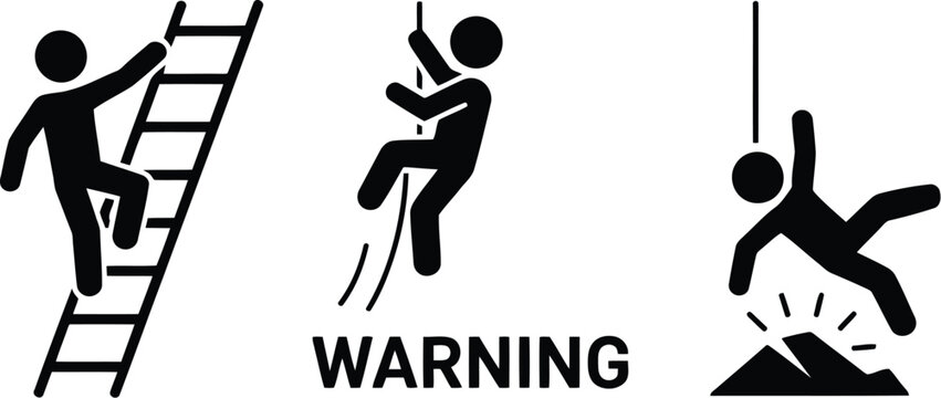 Ladder and Rope Climbing Fall Hazard Warning Sign Safety Pictogram Black and White Images