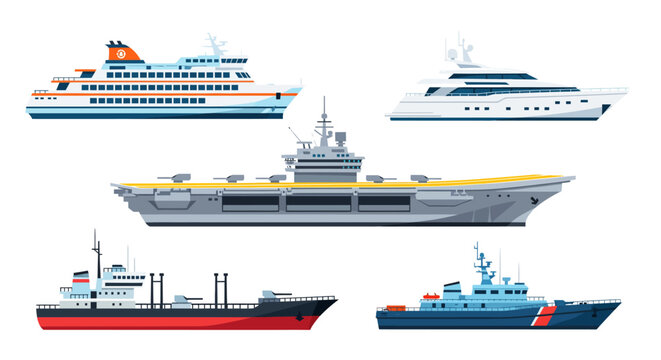 A collection of five different types of ships, including a ferry, a yacht, an aircraft carrier, a cargo ship, and a coast guard vessel.