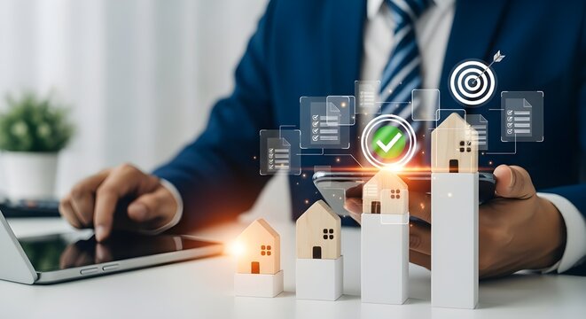 Businessman using digital technology concept touching a virtual screen with his hand for a successful business presentation
