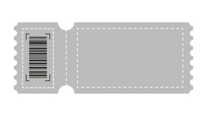 Blank ticket illustration with barcode and dotted lines on gray background for promotion.