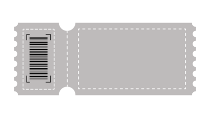 Blank ticket illustration with barcode and dotted lines on gray background for promotion.