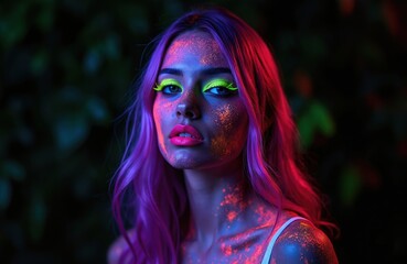 Beautiful girl with colorful make up poses. Young woman with creative colorful face art glows in neon light. Model wears pink hair. Fashionable makeup art for a party in a night club.