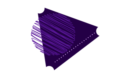 Graphical purple ticket illustration with scribbled circle on a black background.