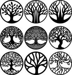 tree of life round silhouette png, bundle of minimalist tree ornament decor, ornate tree frame display, tags, suncatcher, family tree, table or shelf sitter, laser ready cut files, glowforge cricut