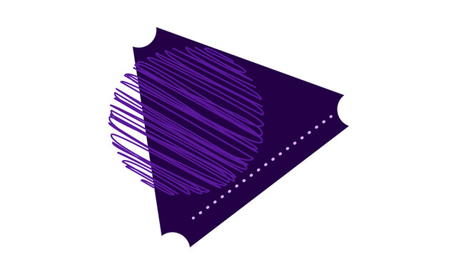 Graphical purple ticket illustration with scribbled circle on a black background.