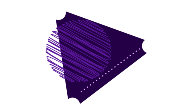 Graphical purple ticket illustration with scribbled circle on a black background.