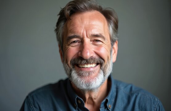 Elderly man with grey beard smiles warmly. His face shows joy and kindness. He wears a blue shirt. Close up portrait shows his healthy appearance and happy mood.