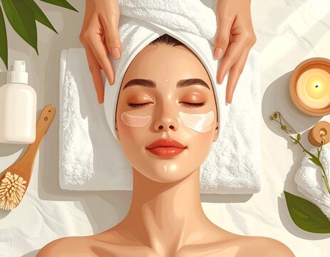 Spa treatment scene with a woman relaxing while receiving facial massage