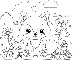 Fox, cartoon, coloring, page, nature, flowers, mushrooms, stars, clouds, grass, black, white, line, drawing, kids, whimsical, cute, outdoor, forest, illustration