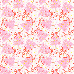 Coquette Preppy Pink Christmas Tree Seamless Pattern Repeat Wallpaper isolated on stripes background