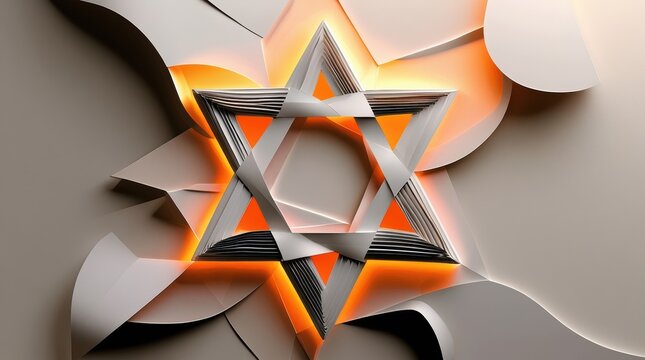 Modern geometric 3d star of david symbol glowing warmly with orange light, abstract textured background, spiritual concept, jewish faith. - Powered by Adobe